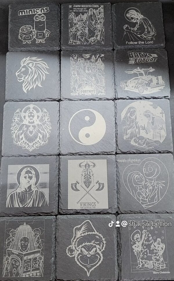 Super cool slate coasters (many different designs) (treated to help with drink rings will wipe right off)